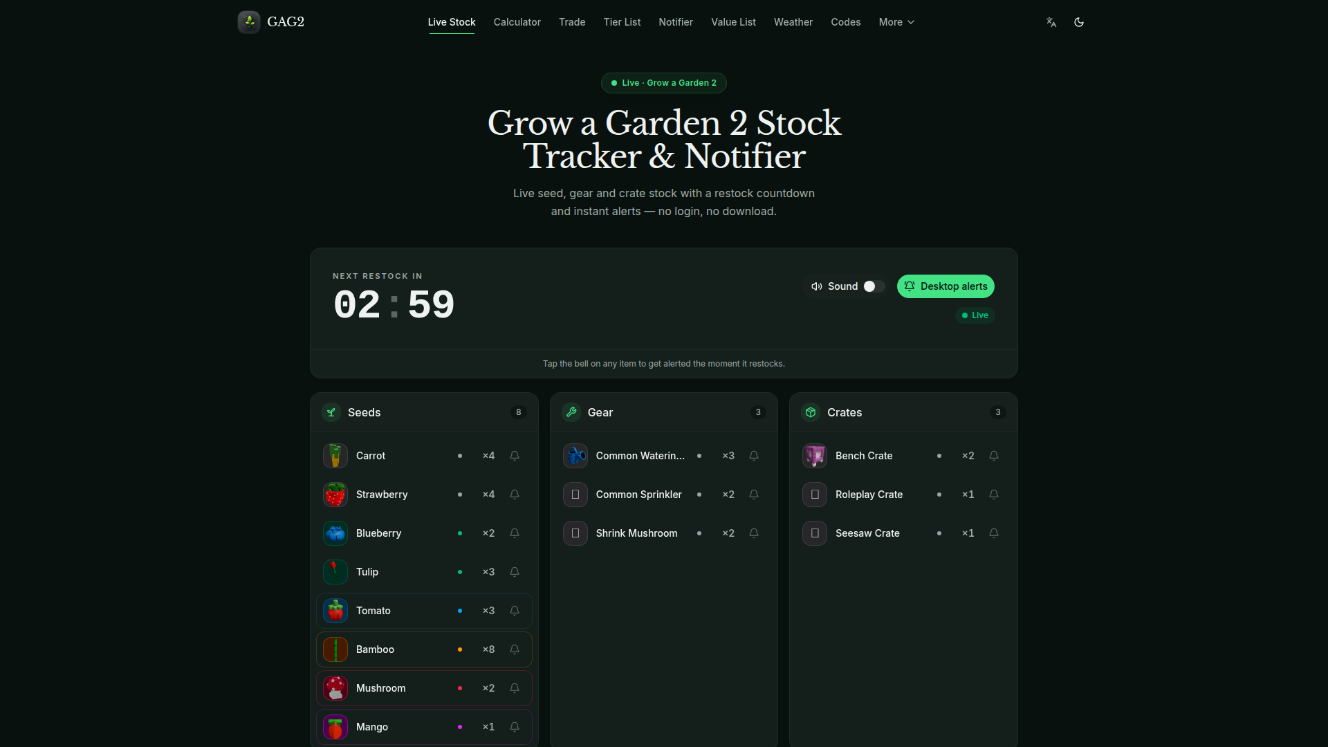 Grow a Garden 2 Stock Tracker & Notifier